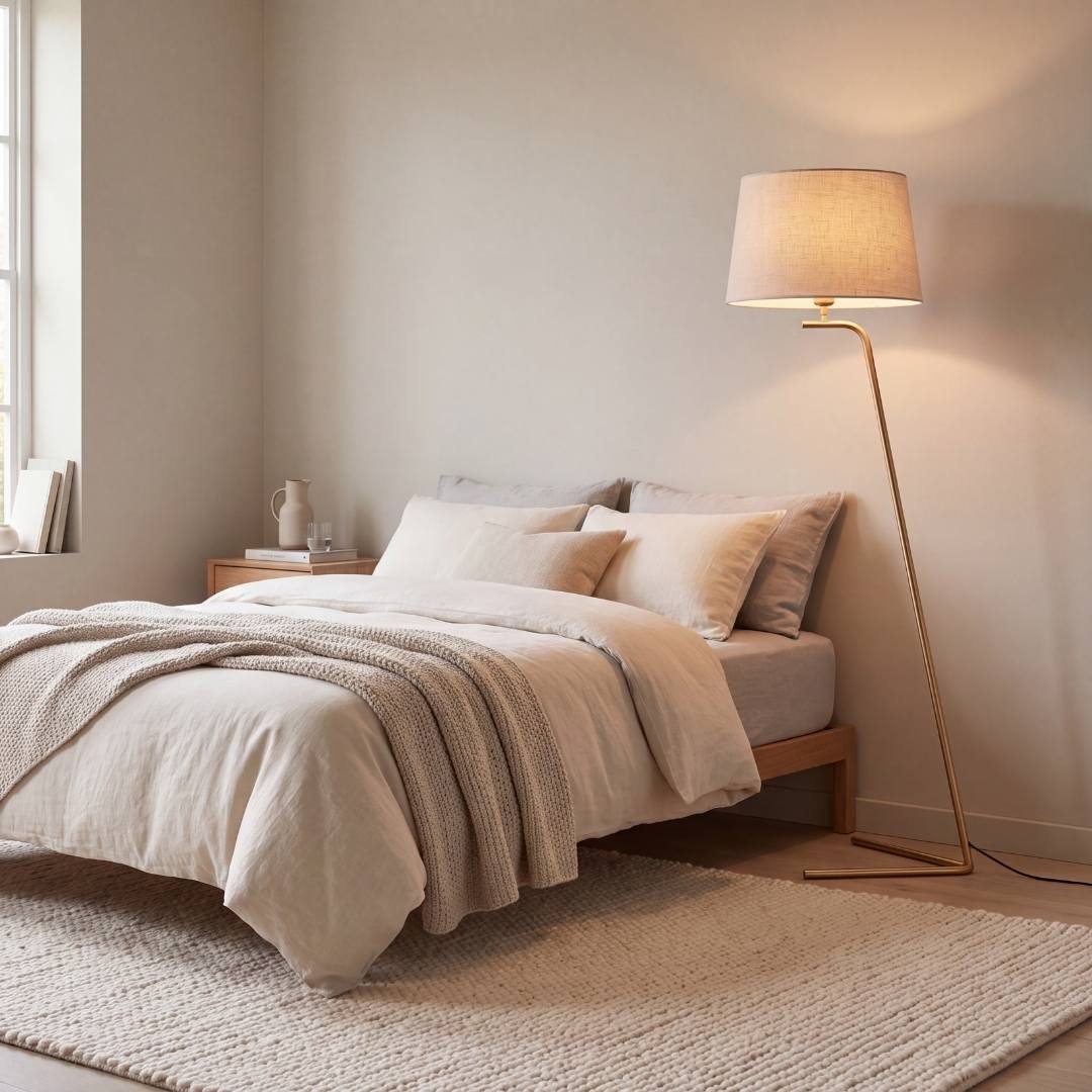 Lámpara de pie dorada junto a la cama en un dormitorio acogedor