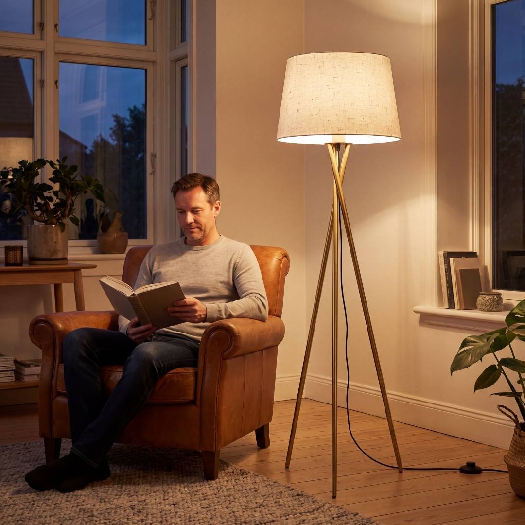 Hombre leyendo junto a la lámpara de pie de lectura TRINA GOLD al atardecer