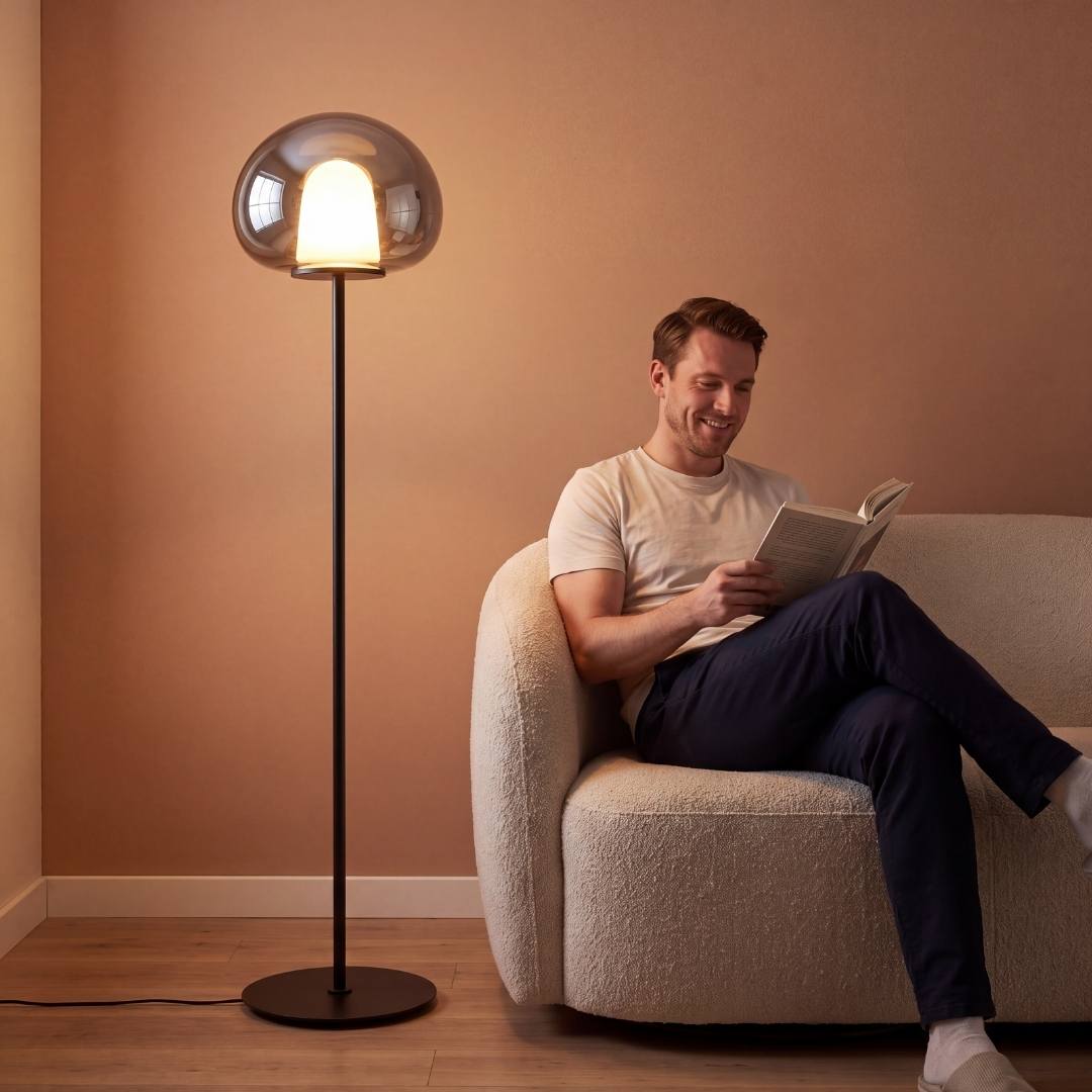 Hombre leyendo en butaca junto a la lámpara de pie LED ONIRA de luz cálida