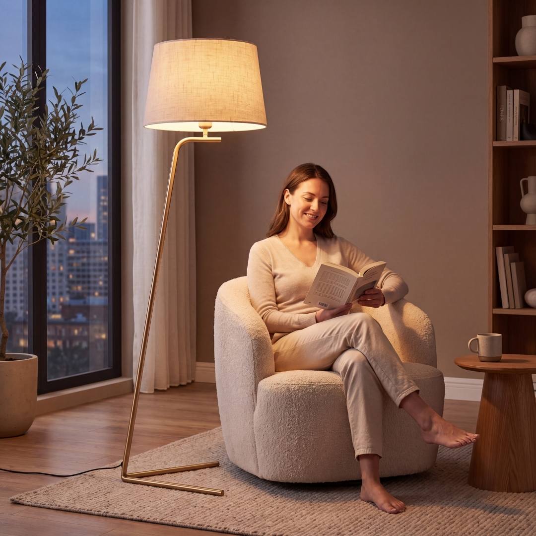 Mujer leyendo junto a la lámpara de pie de lectura VERA GOLD