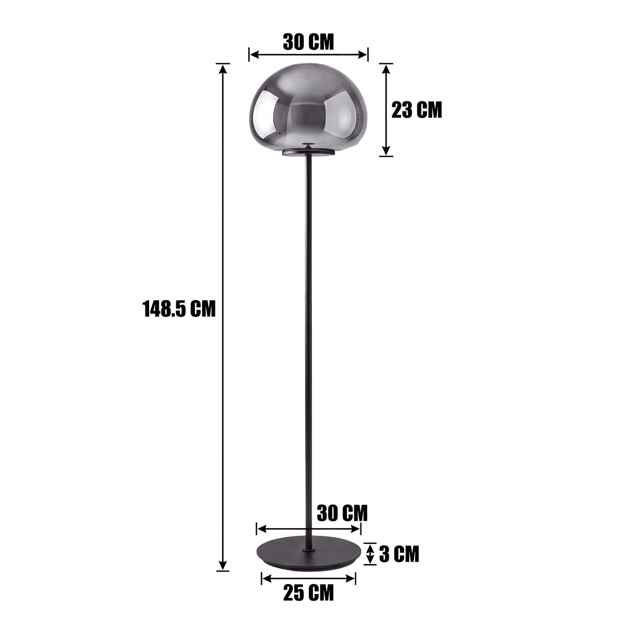 Dimensiones de la lámpara de pie ONIRA: 148.5 cm de alto y cabezal de 30 cm