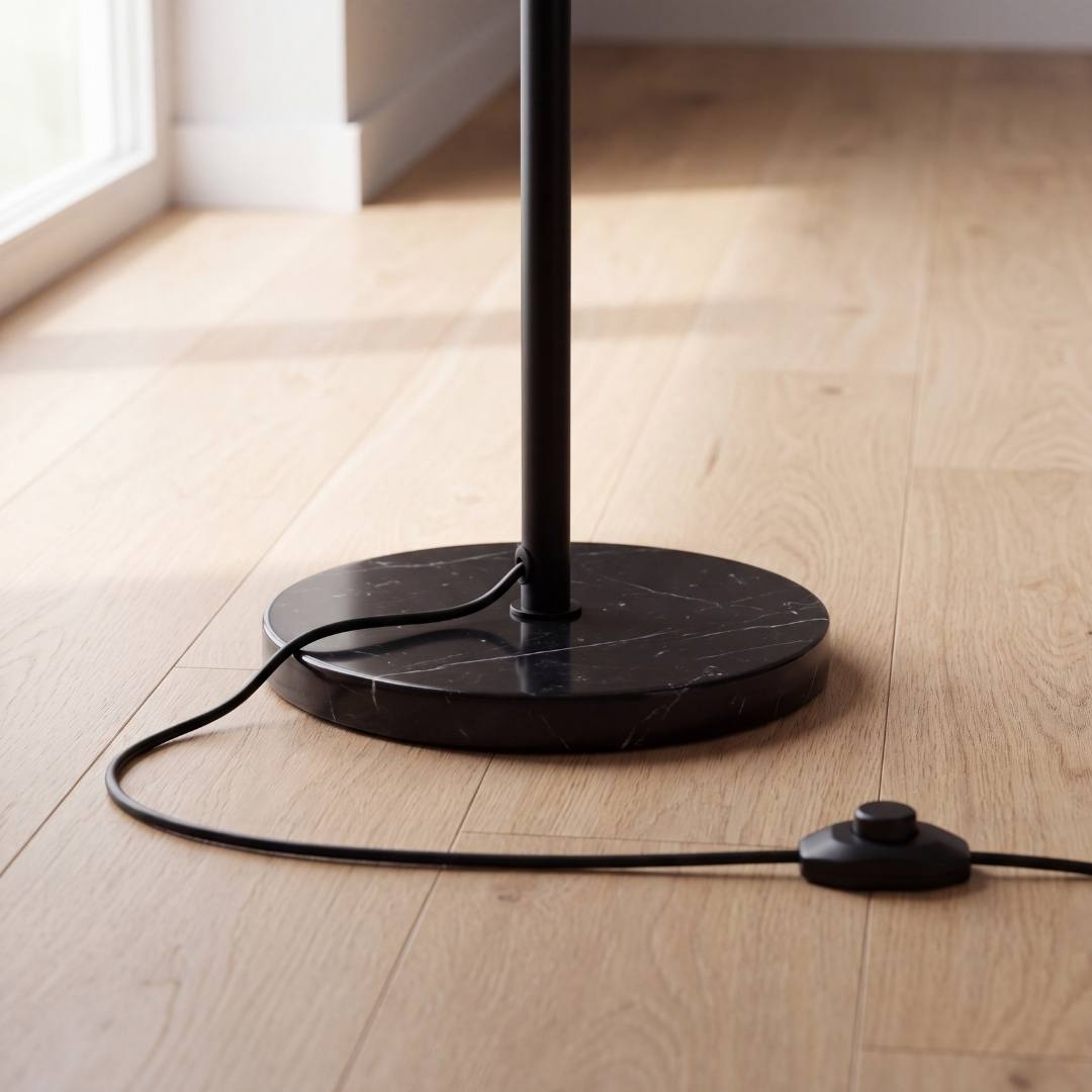 Base de mármol negro veteado de la lámpara de pie sobre piso de madera