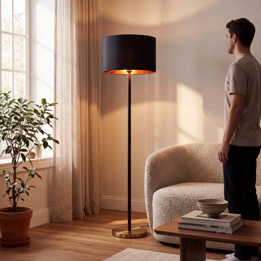 Hombre admirando la lámpara de pie negra encendida en sala con plantas