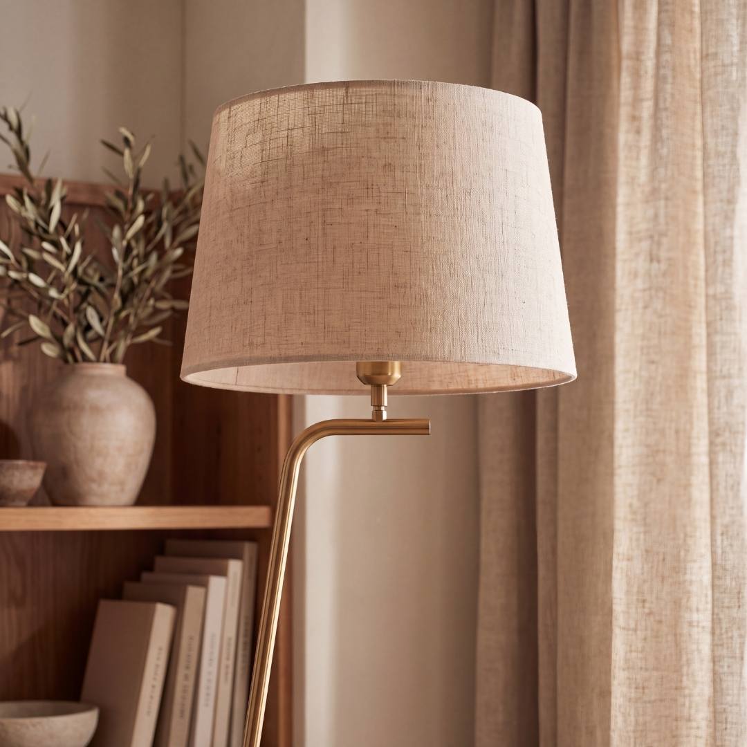 Pantalla de lino beige con luz cálida de la lámpara de pie VERA GOLD