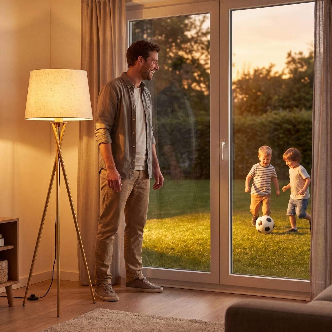 Padre e hijo junto a la ventana con la lámpara de pie para sala encendida