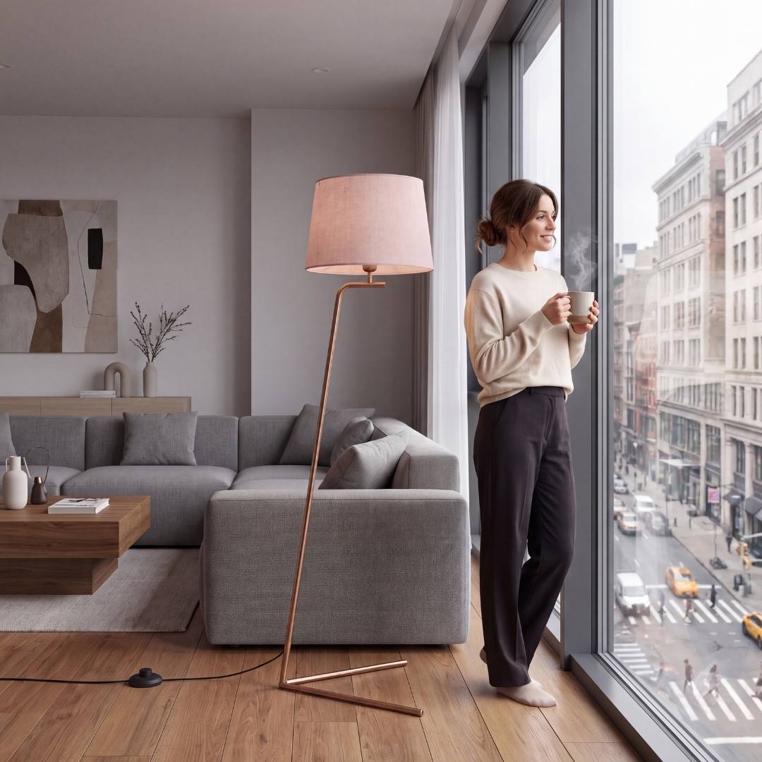 Lámpara de pie dorada decorando una sala amplia con luz natural