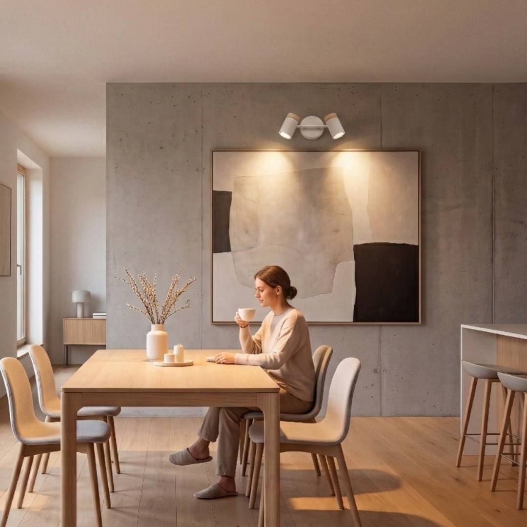 Lámpara de techo con 2 spots blancos en comedor de estilo nórdico