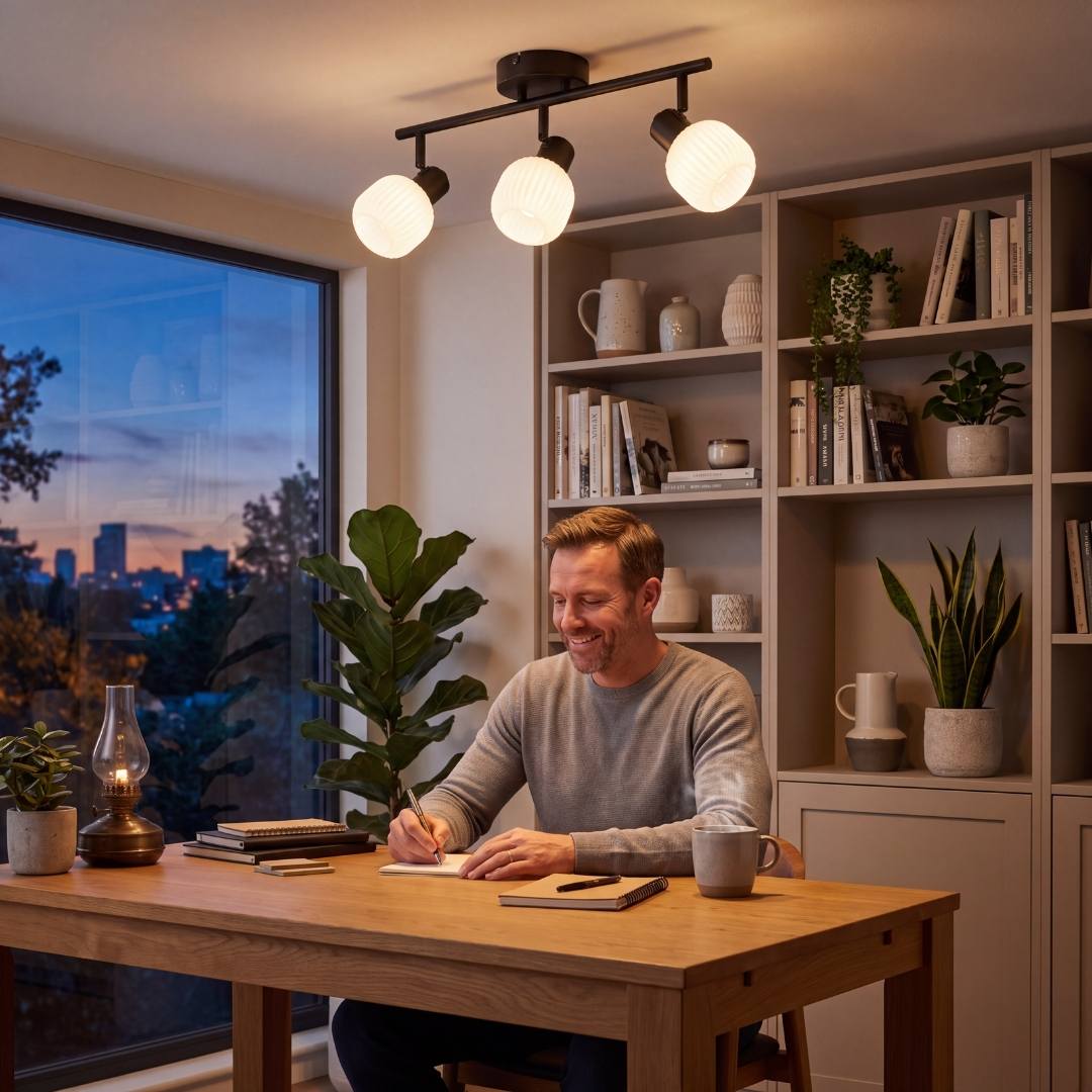 Hombre escribiendo en su escritorio bajo una lámpara de techo de 3 luces orientables