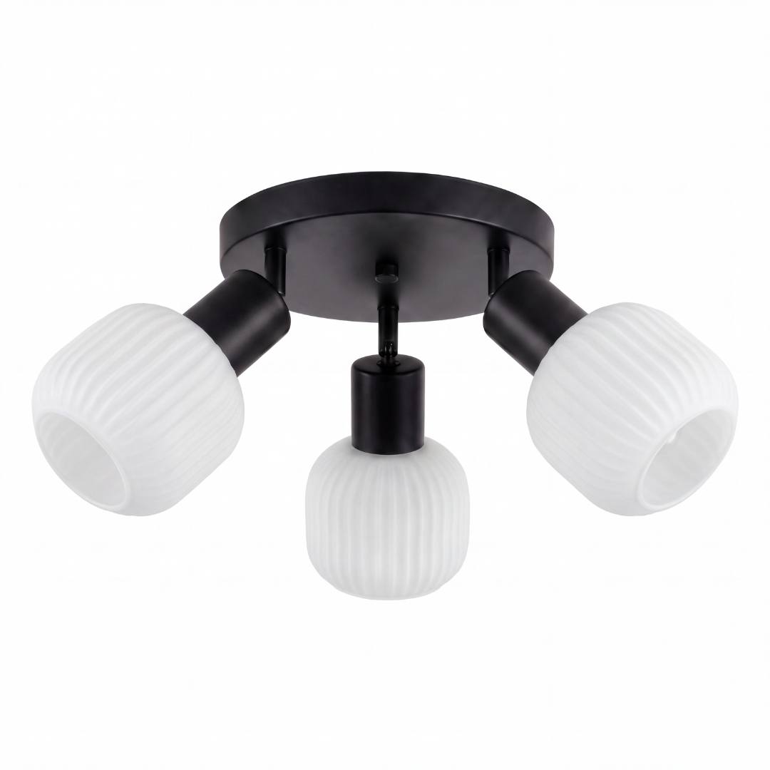 Lámpara de techo ASTRID black con 3 pantallas de vidrio sobre fondo blanco