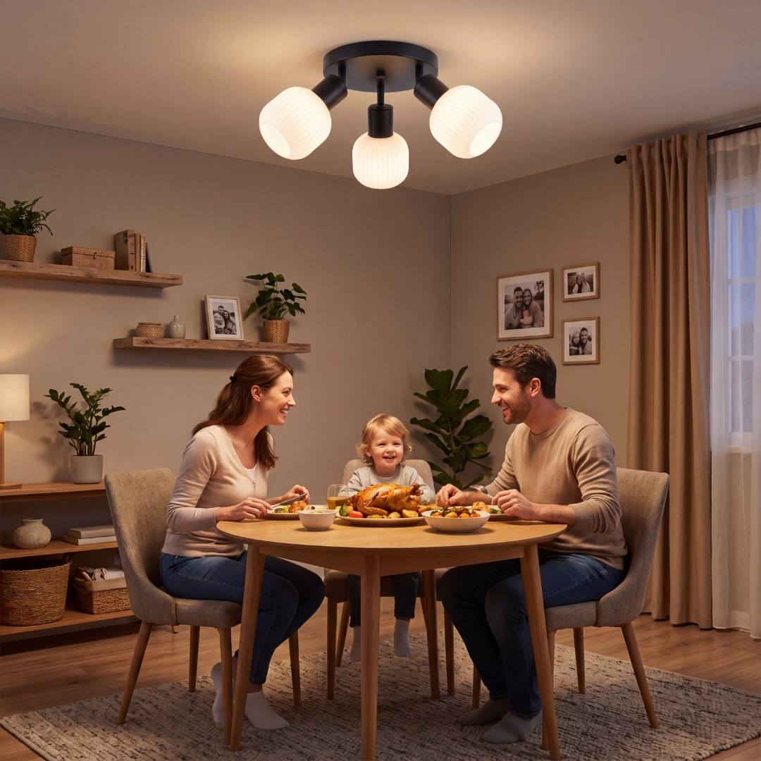 Familia cenando en un comedor iluminado por la lámpara de techo ASTRID