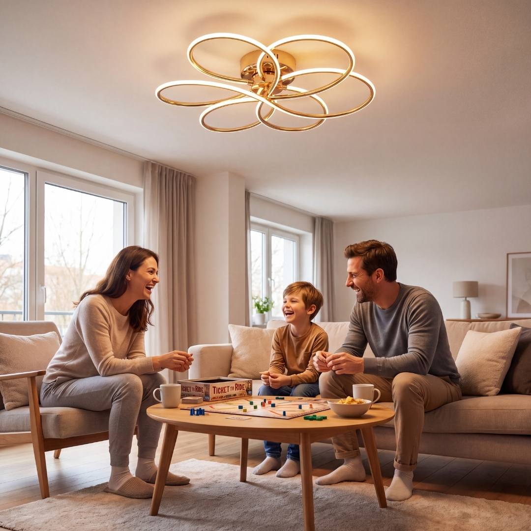 Familia compartiendo en la sala bajo la lámpara de techo LED flor dorada