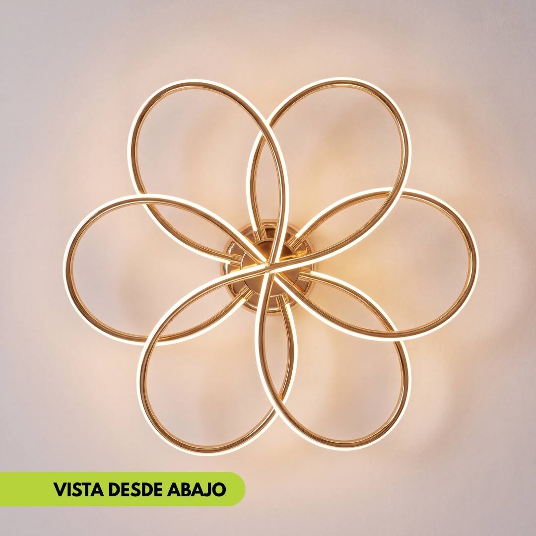 Lámpara de techo LED encendida con trazos de luz continua en cada pétalo
