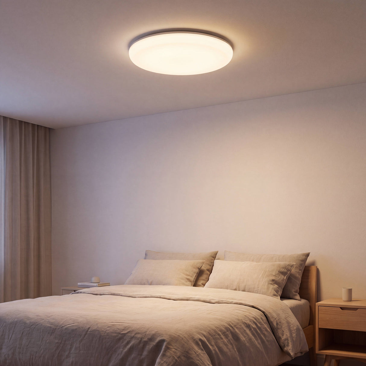 Lámpara de techo LED LUNA en tono cálido creando ambiente acogedor en dormitorio