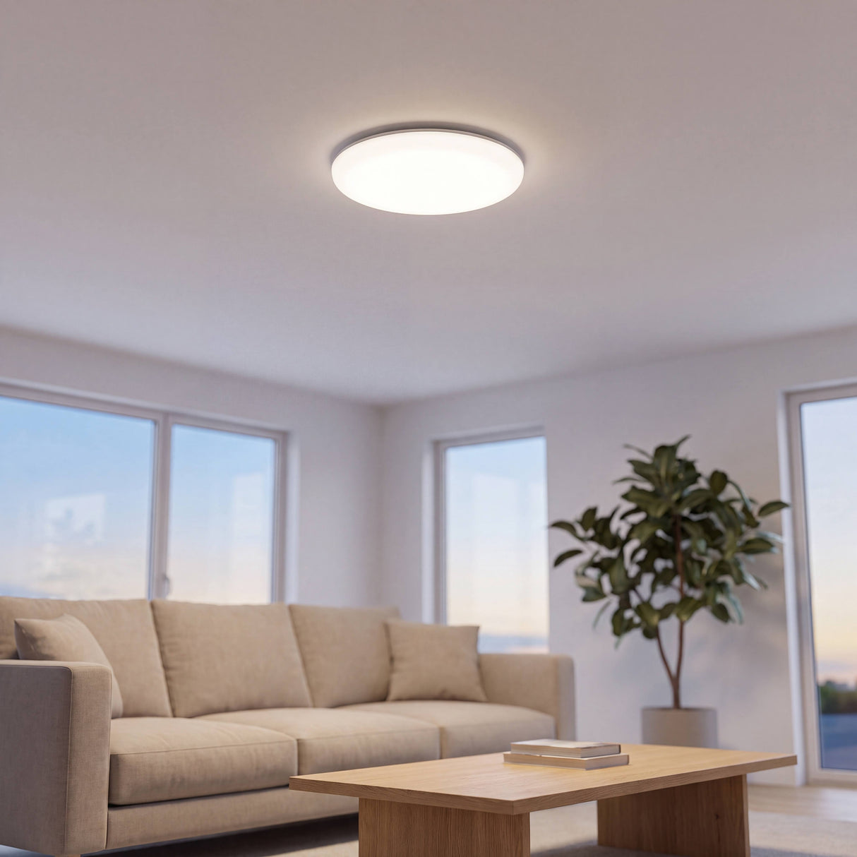 Lámpara de techo LED LUNA iluminando sala de departamento moderno
