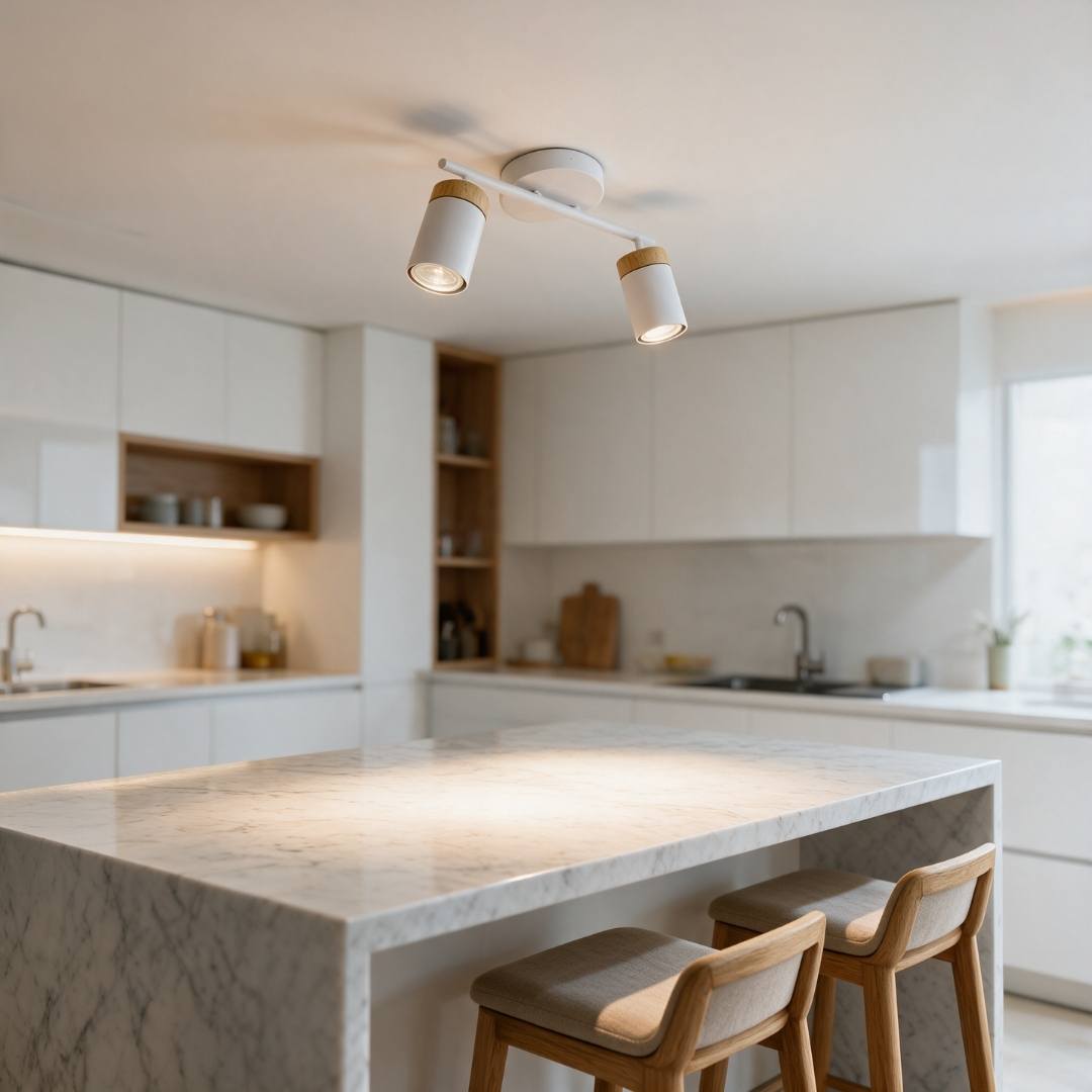 Lámpara de spots dirigibles iluminando cocina blanca moderna