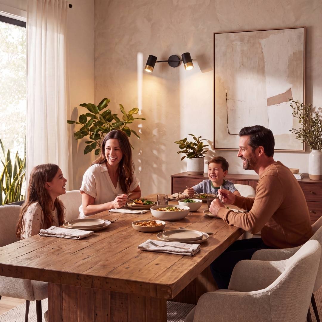 Lámpara de spots dirigibles iluminando comedor con mesa de madera