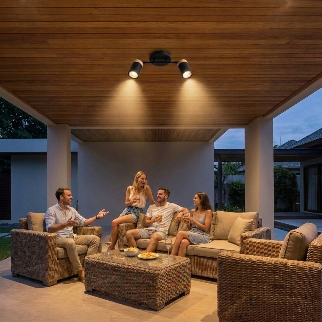 Lámpara de techo con spots iluminando terraza con muebles de madera