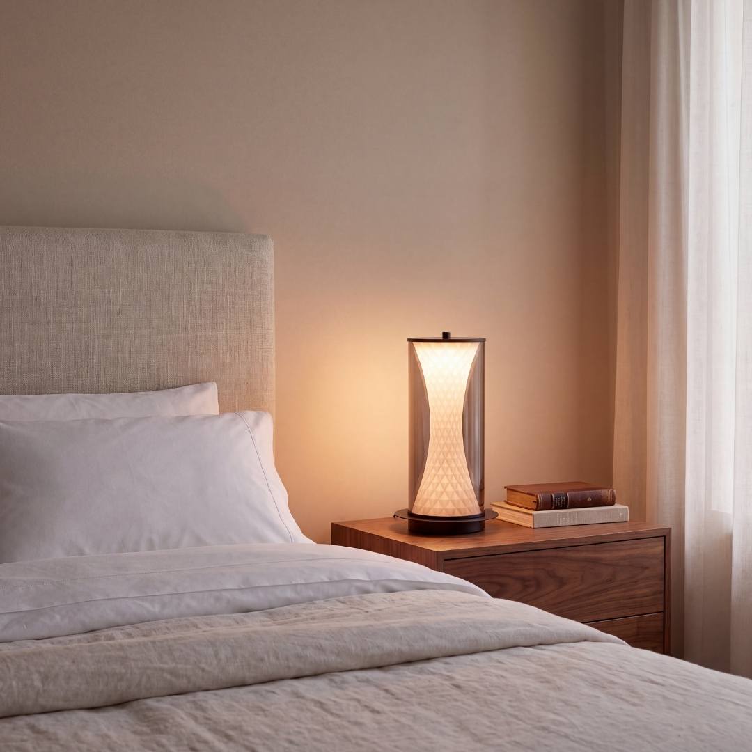 Lámpara de velador LED ONIX encendida sobre mesa de noche en dormitorio