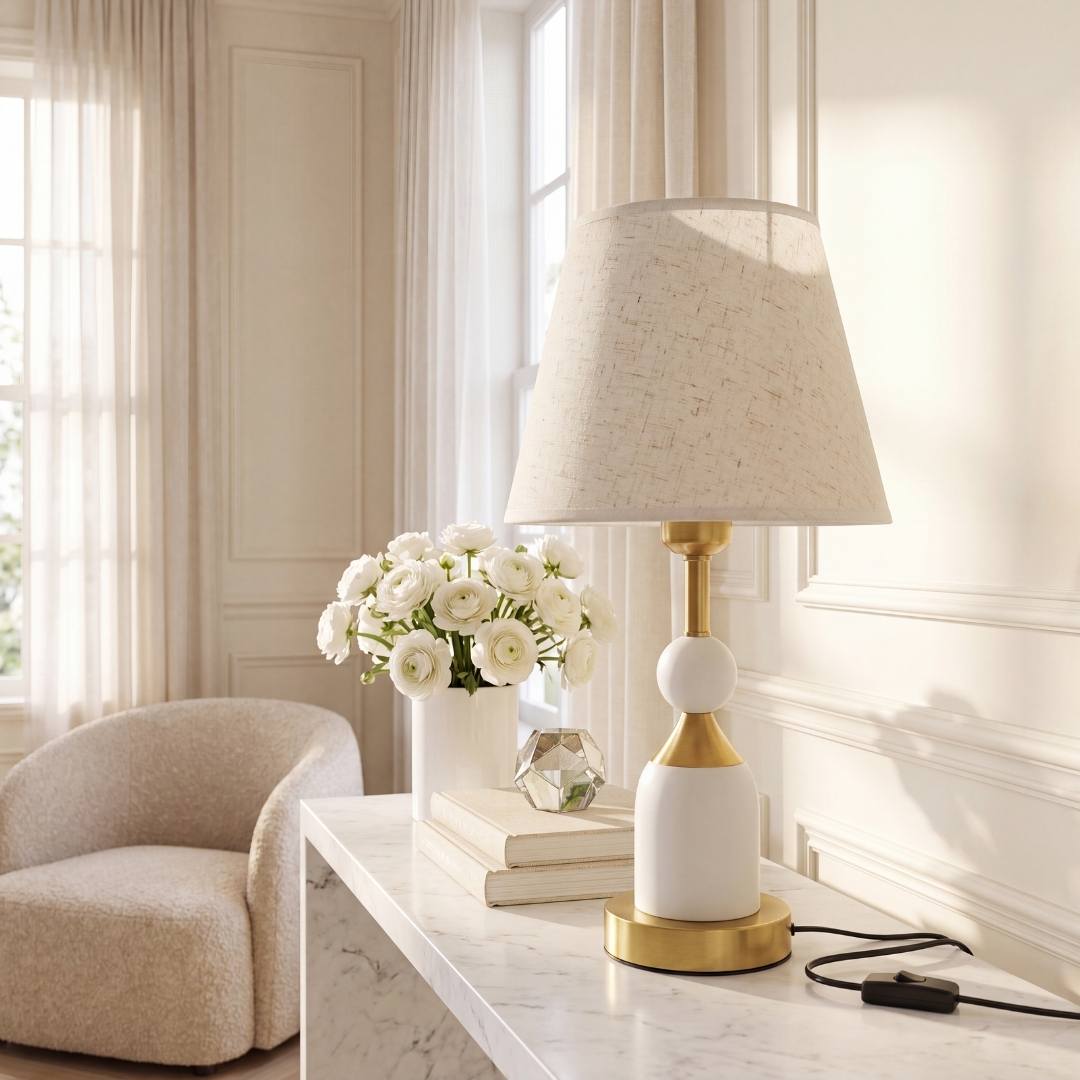 Lámpara decorativa blanca y dorada junto a flores en consola luminosa