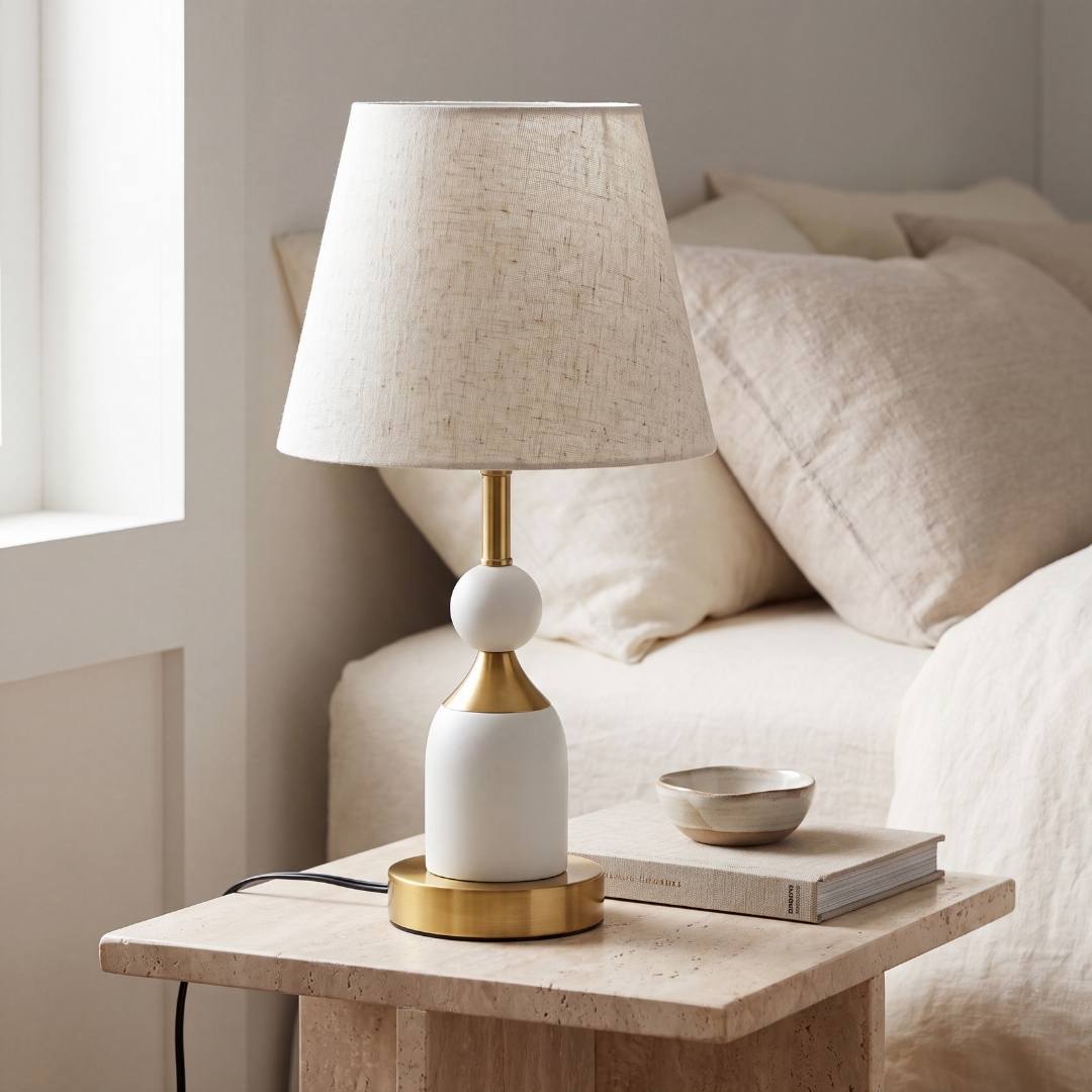 Lámpara decorativa blanca en mesa auxiliar de sala luminosa