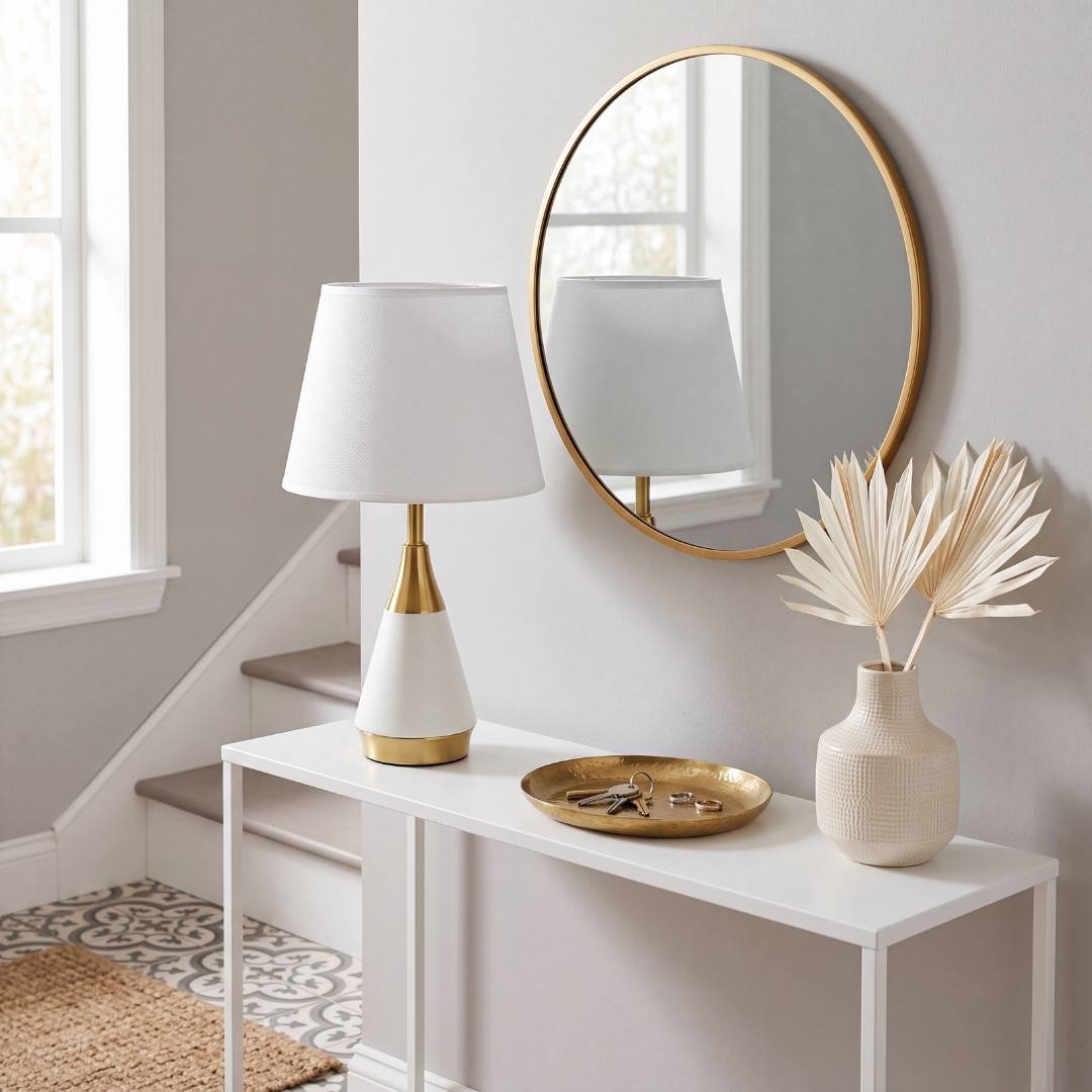 Lámpara decorativa AMIRA WHITE AND GOLD en tocador blanco con espejo redondo