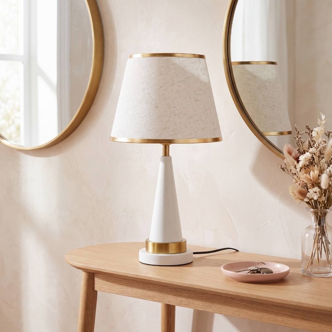 Lámpara decorativa AURELIA WHITE AND GOLD en tocador con espejo redondo