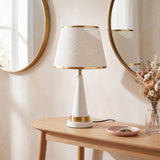Lámpara decorativa AURELIA WHITE AND GOLD en tocador con espejo redondo