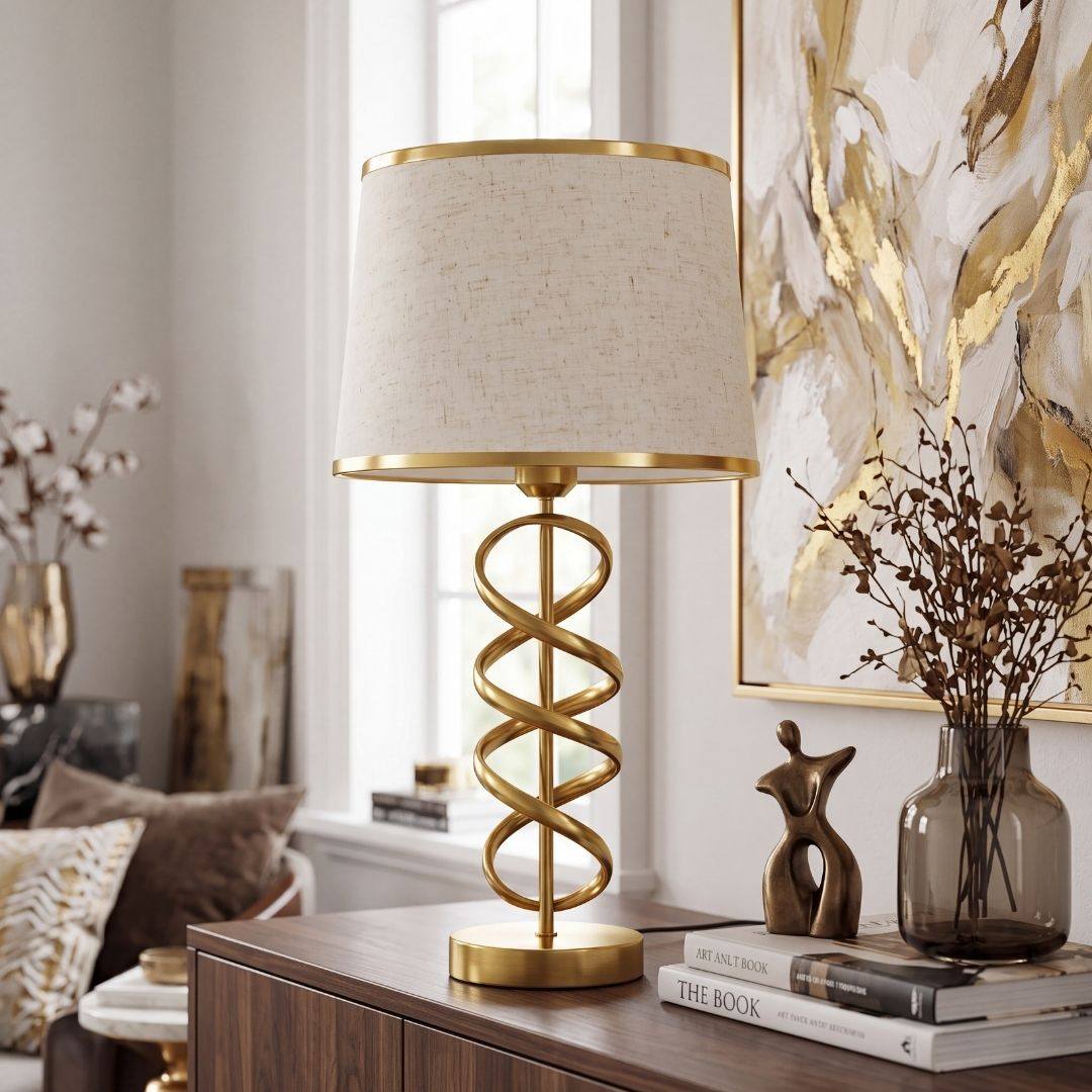 Lámpara decorativa dorada junto a flores secas en ambiente luminoso