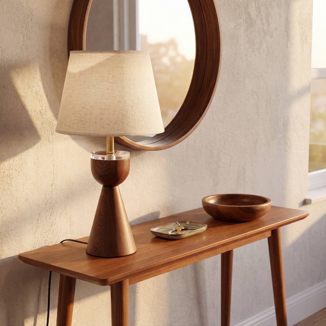 Lámpara decorativa BIANCA WALNUT en consola de madera con espejo redondo