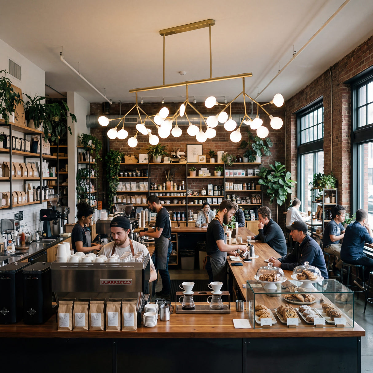 Iluminacion decorativa calida sobre barra de cafeteria de especialidad moderna.