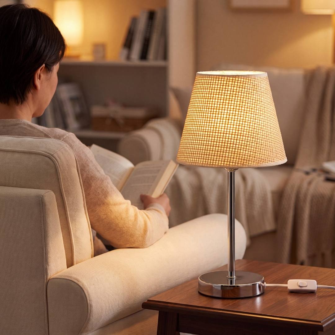 Lámpara decorativa CAPRI encendida en sala moderna junto a sillón de lectura