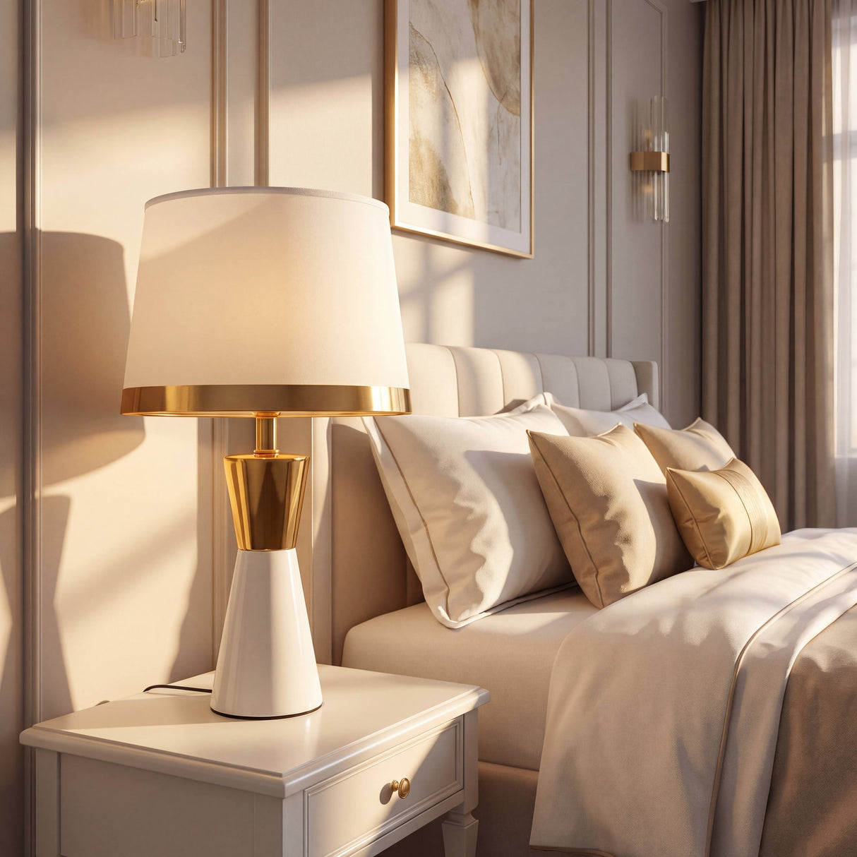 Lámpara decorativa blanca y dorada junto a espejo en recibidor elegante