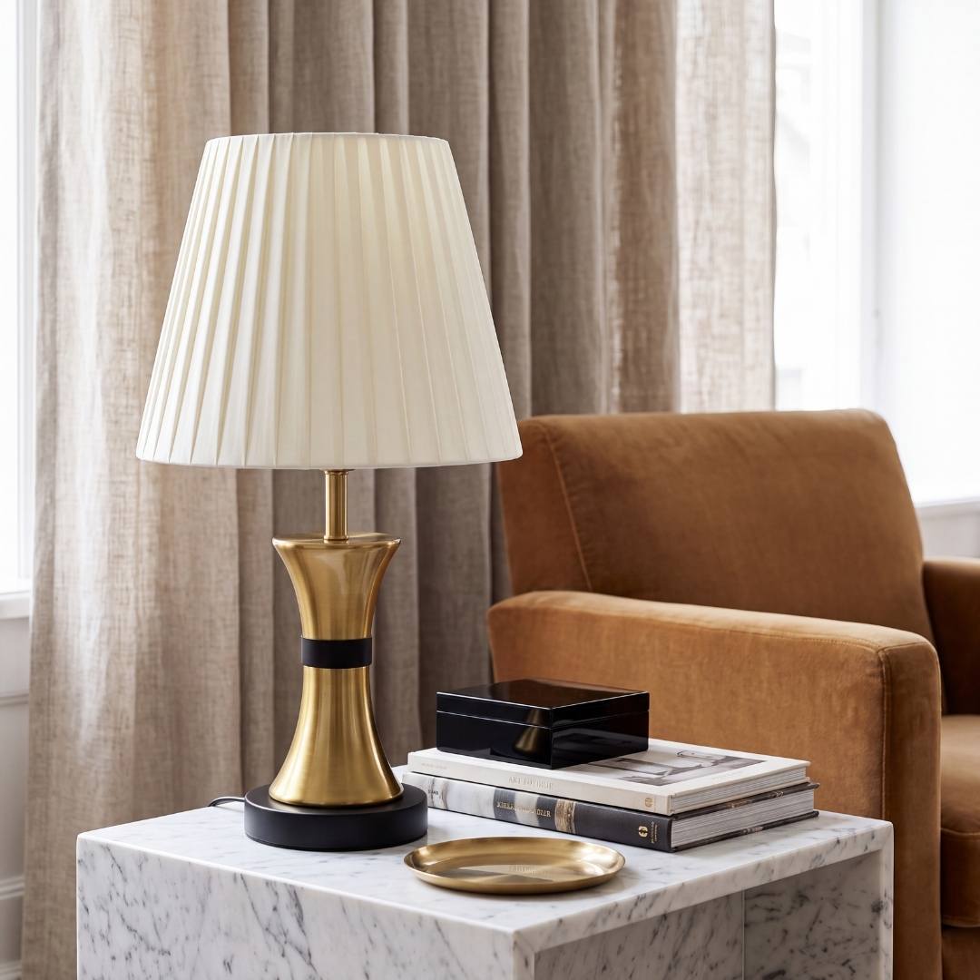 Lámpara decorativa COCO GOLD AND BLACK en rincón de lectura con butaca junto a la ventana