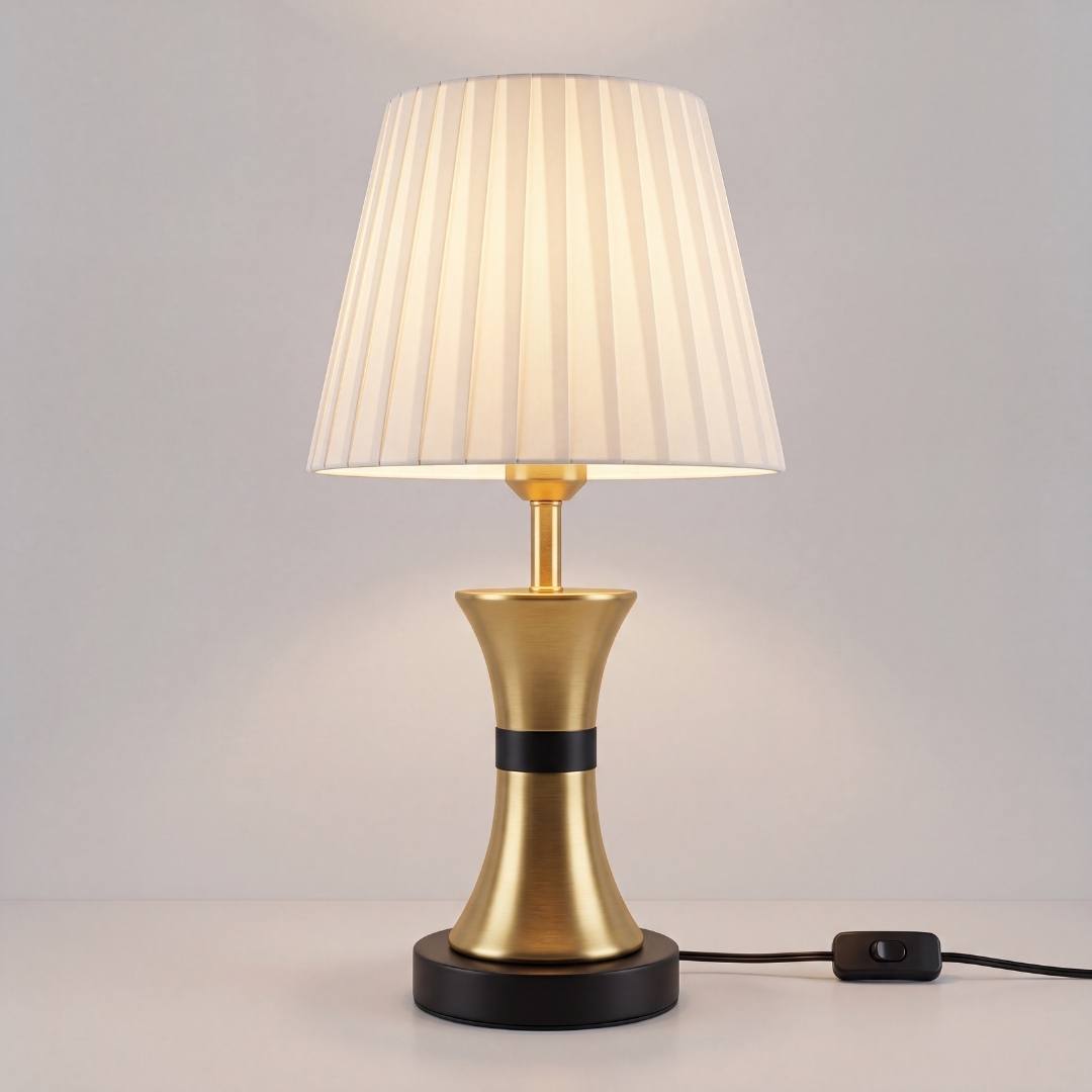 Lámpara decorativa COCO GOLD AND BLACK en mesa auxiliar de sala con sofá claro