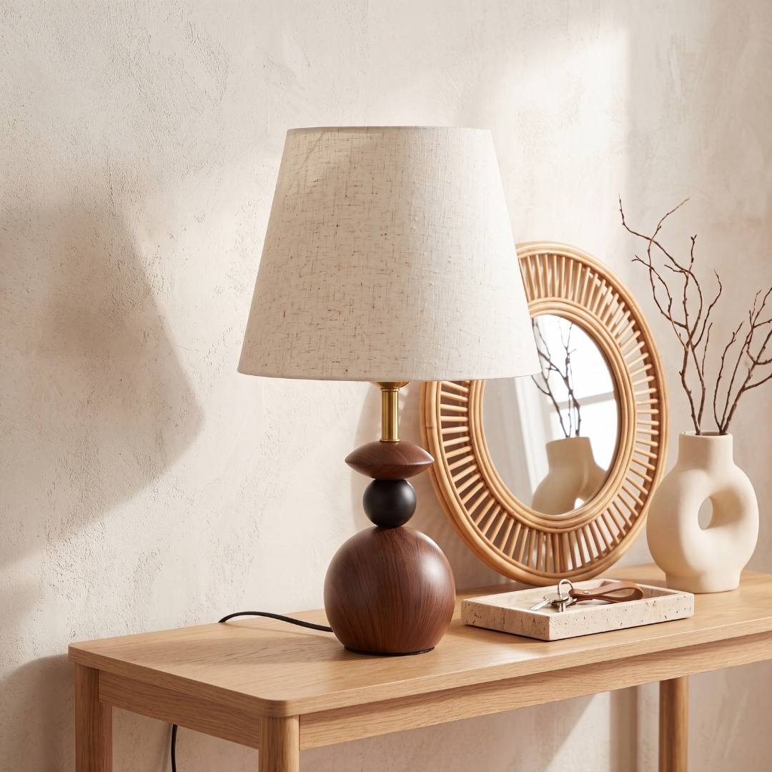 Lámpara decorativa FREYA WALNUT AND BLACK en consola con espejo dorado