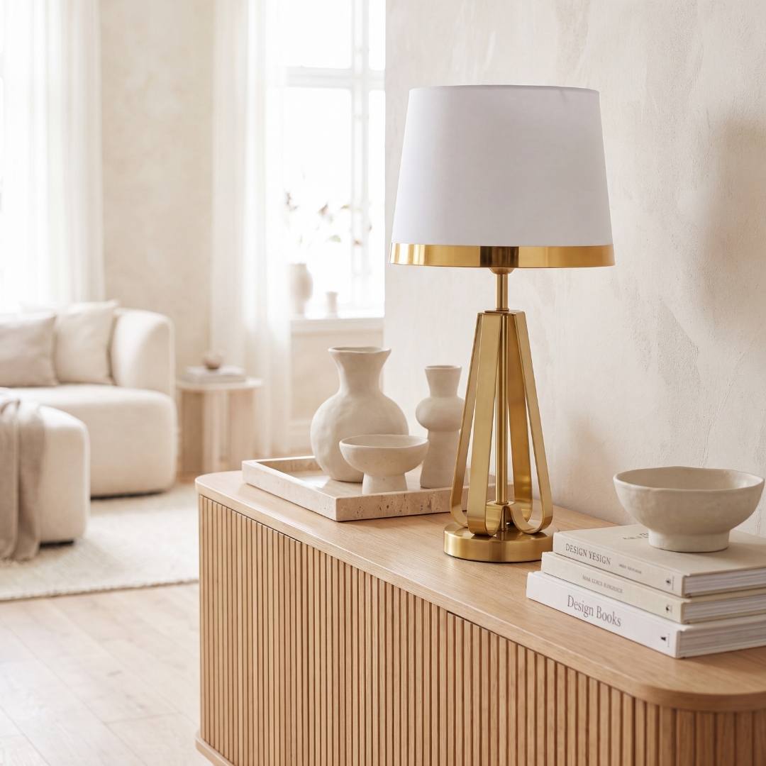 Lámpara decorativa dorada en mesa auxiliar de sala luminosa