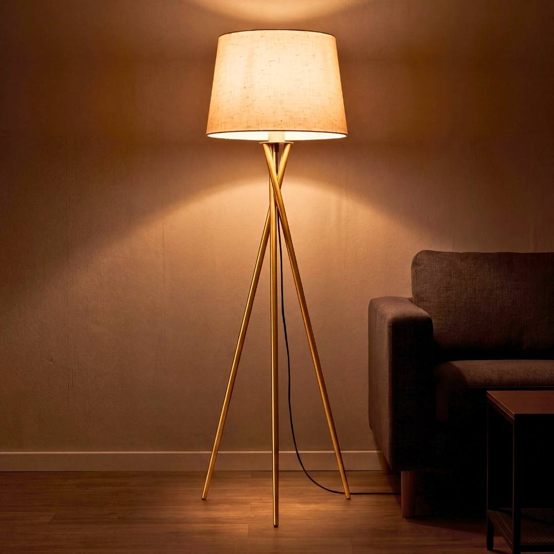 Lámpara decorativa trípode con luz cálida en habitación oscura de noche