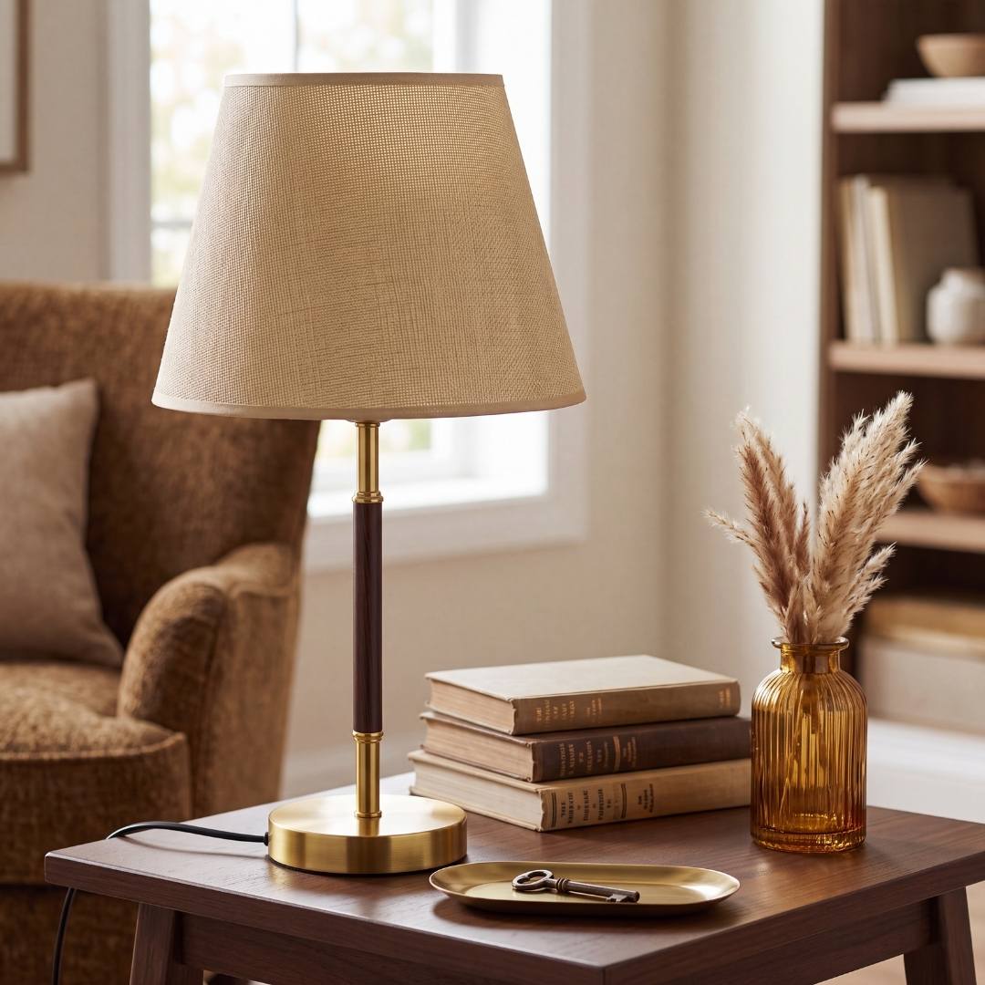 Lámpara decorativa MARGOT WALNUT AND GOLD en mesa auxiliar de sala acogedora