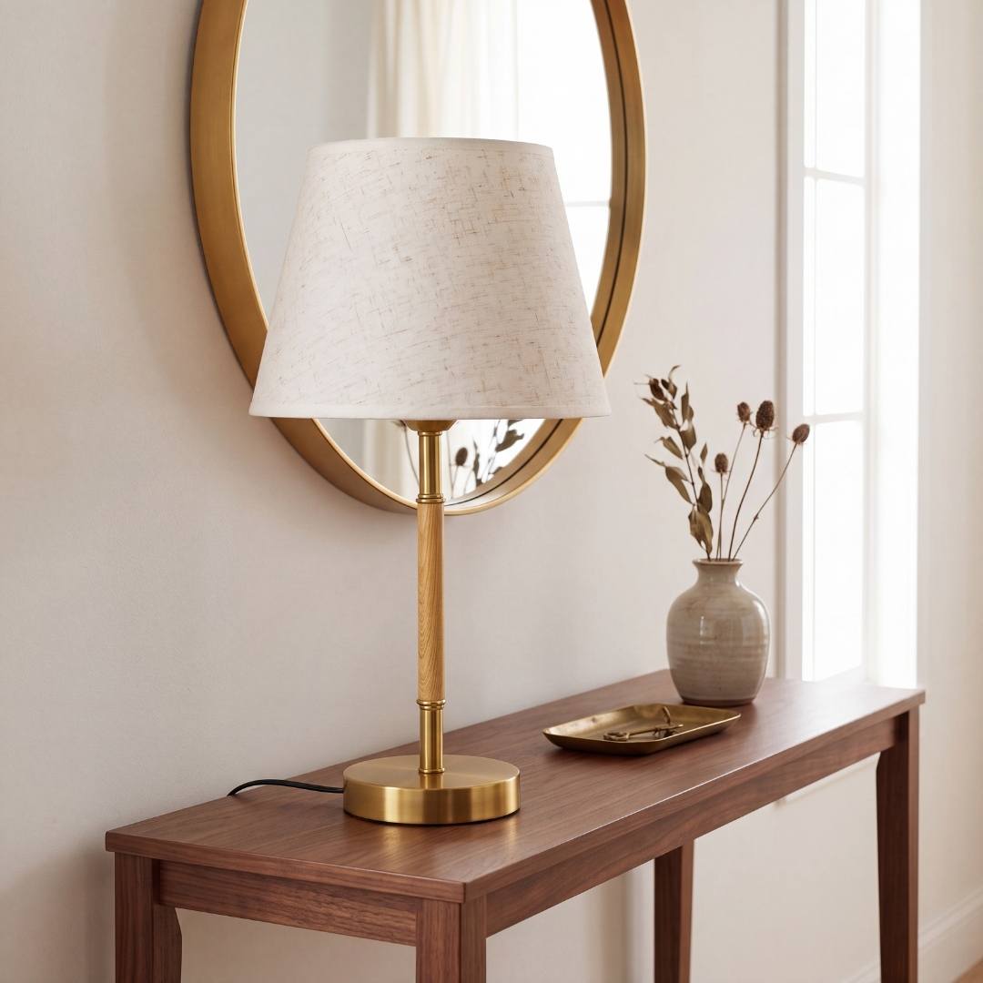 Lámpara decorativa MARGOT WOOD AND GOLD en consola de madera con espejo redondo