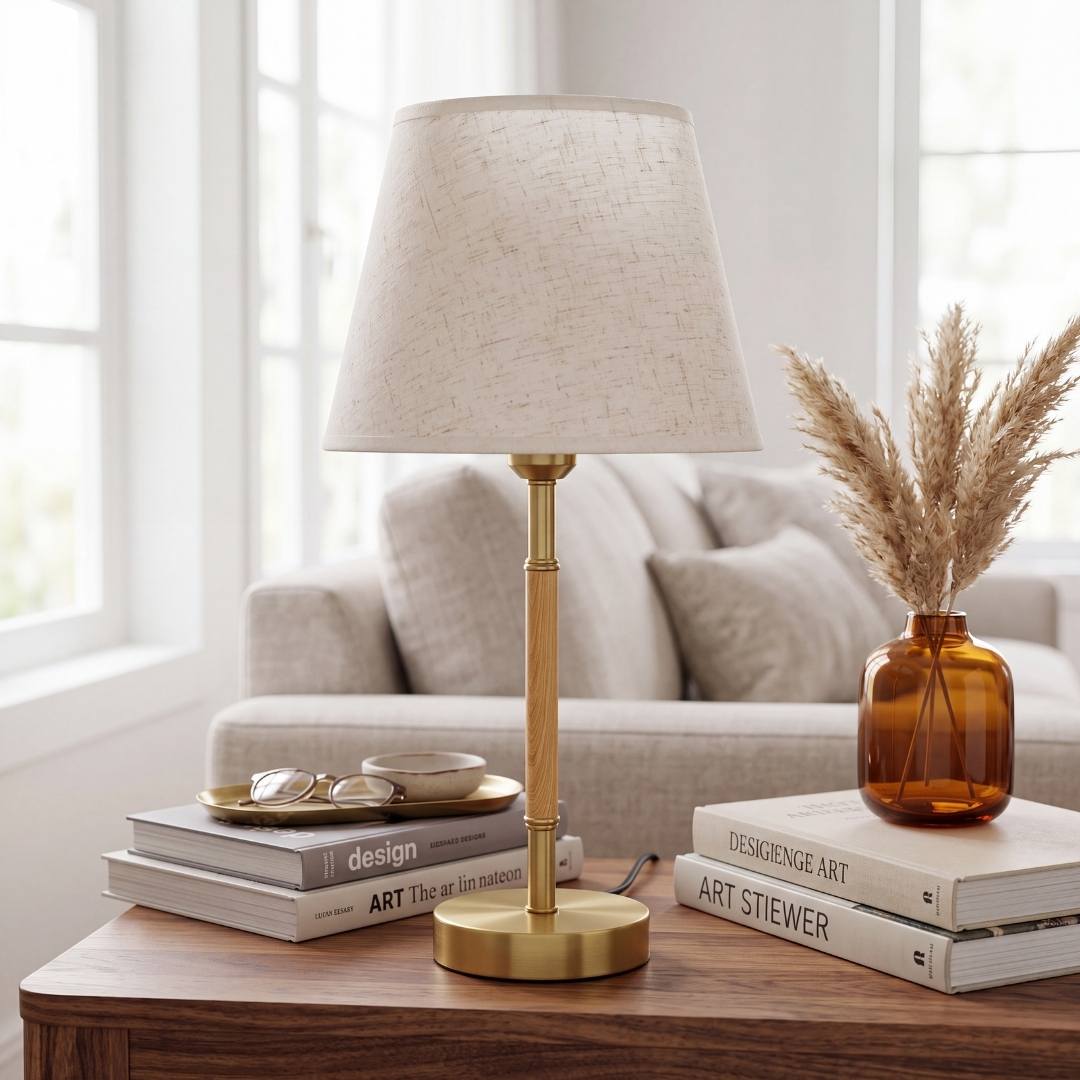Lámpara decorativa MARGOT WOOD AND GOLD en sala luminosa con sofá y flores secas