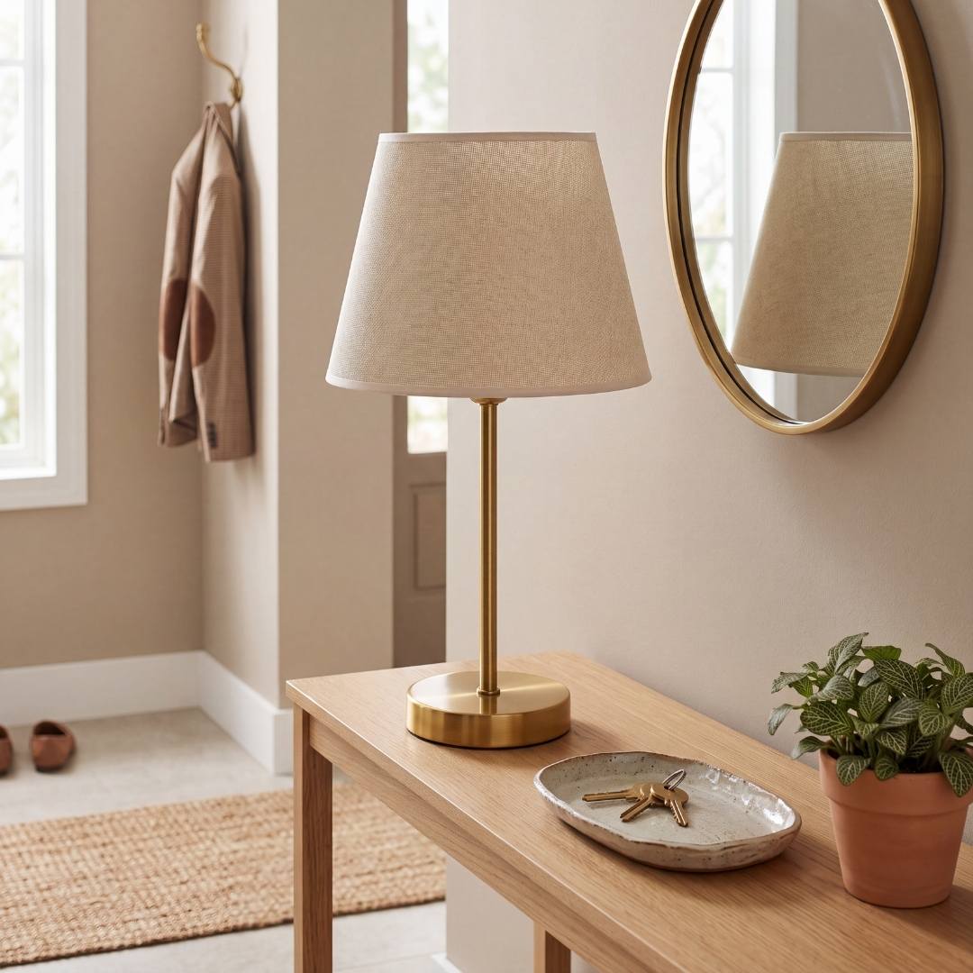 Lámpara decorativa NORA GOLD en tocador de madera con espejo redondo y planta