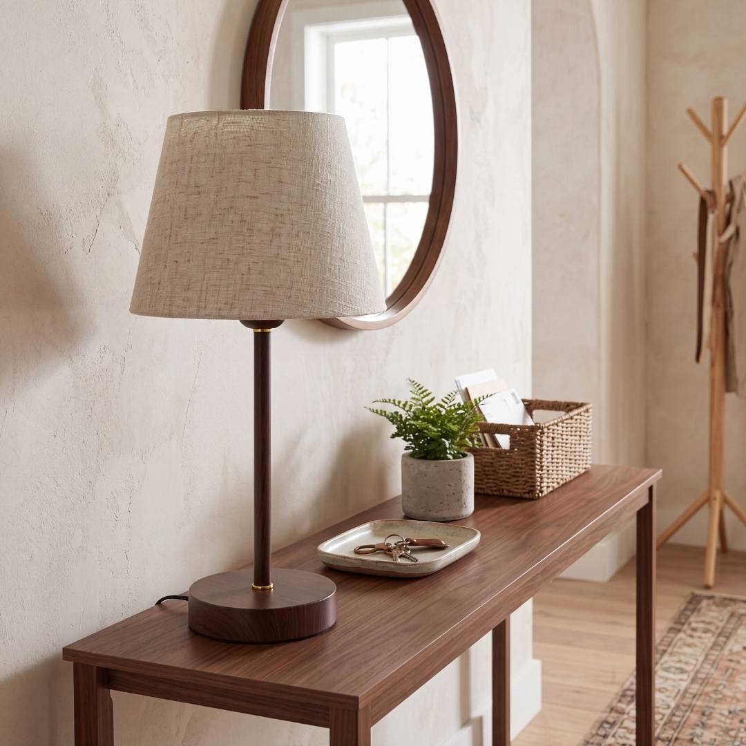 Lámpara decorativa NORA WALNUT en consola de madera con espejo redondo