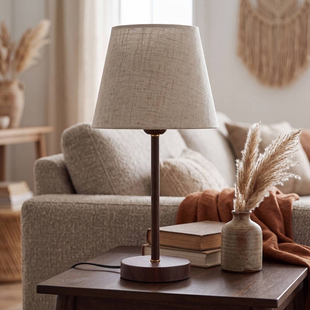 Lámpara decorativa NORA WALNUT en sala luminosa con sillón crema