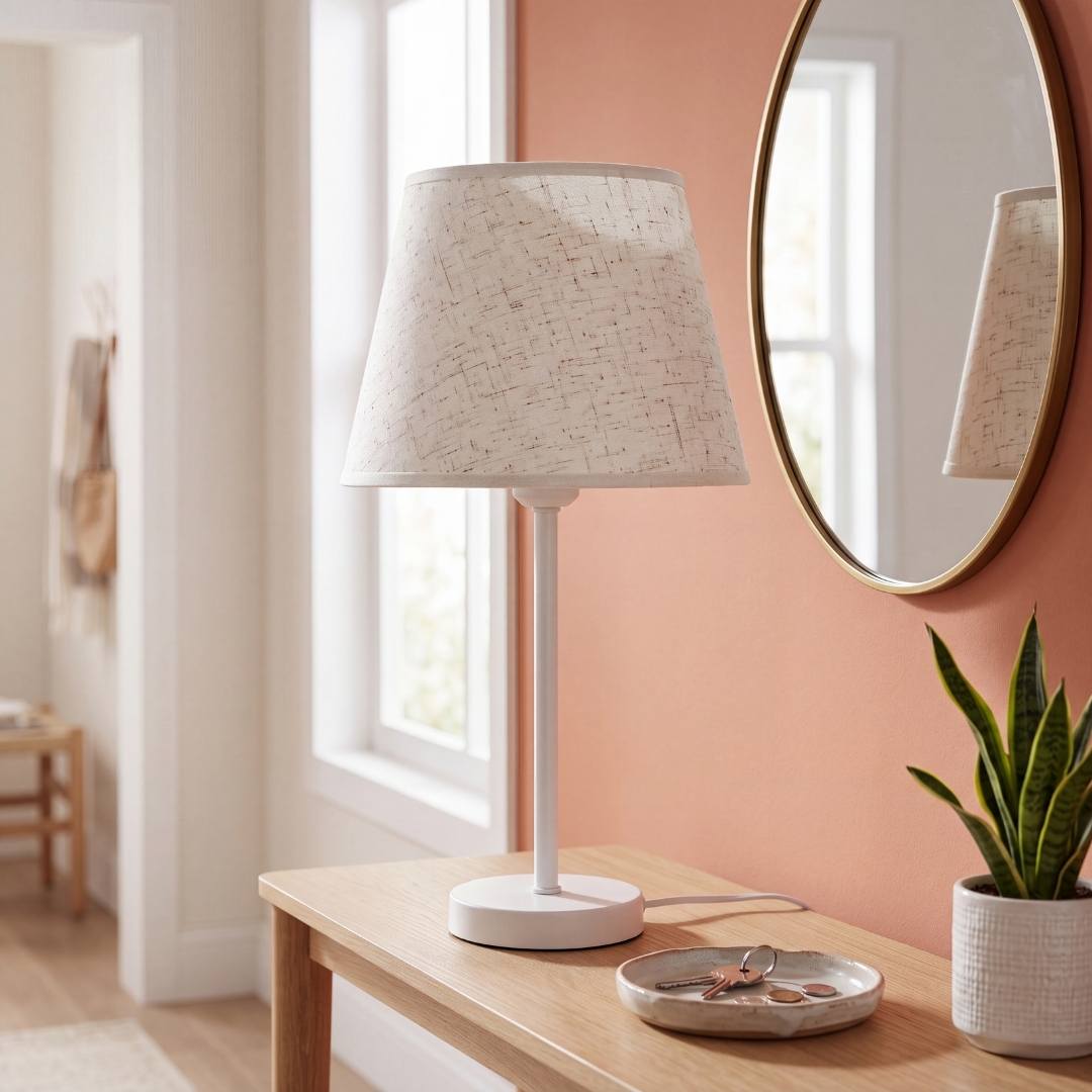 Lámpara decorativa NORA WHITE en tocador blanco con espejo redondo