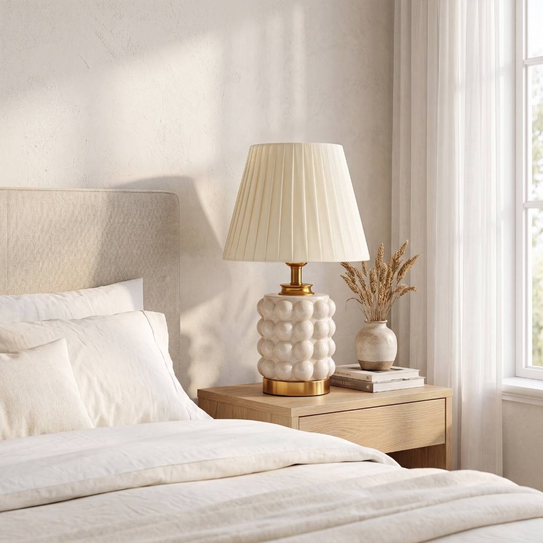 Lámpara decorativa PERLA CREAM AND GOLD junto a cama blanca en dormitorio claro