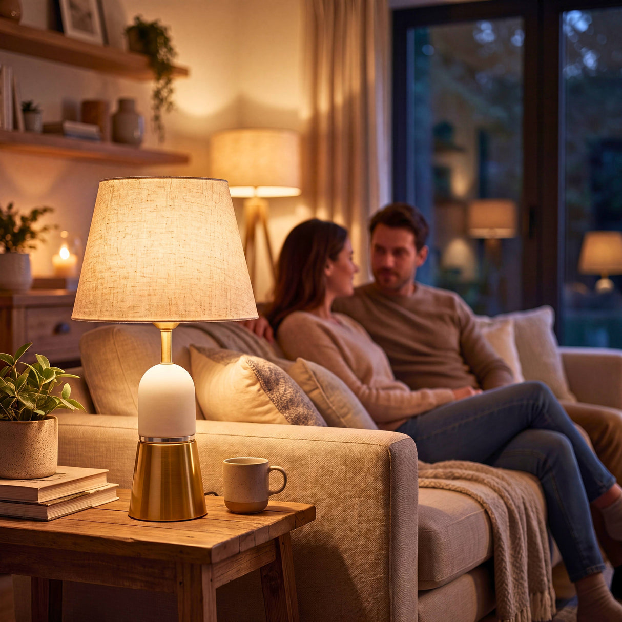 Lámpara de mesa Olivia Gold iluminando una sala moderna con ambiente acogedor