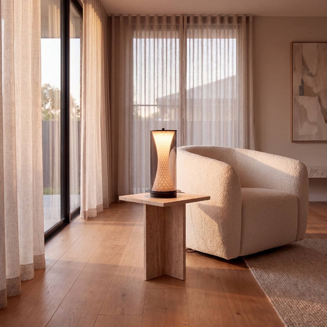 Lámpara decorativa ONIX iluminando una sala moderna junto a una butaca