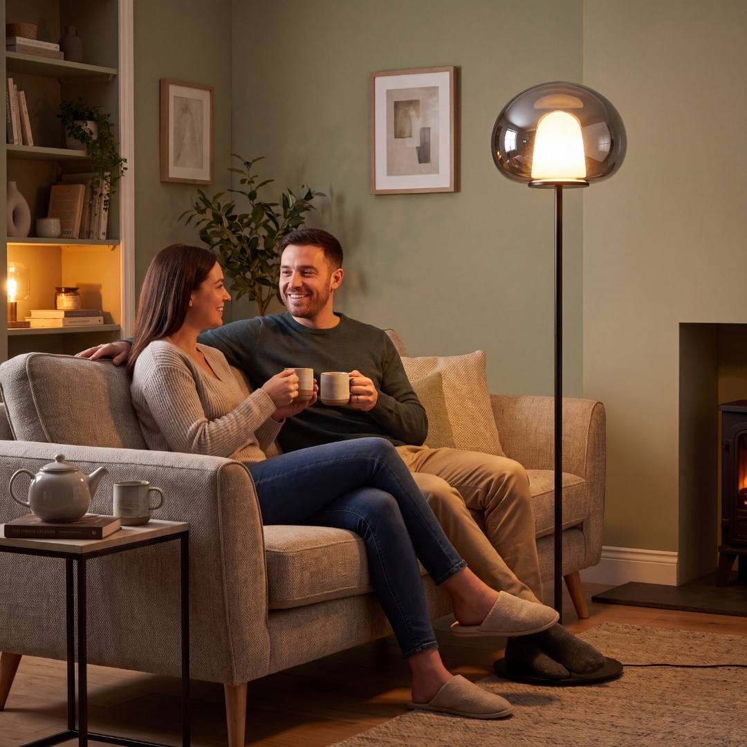 Pareja en sala acogedora iluminada por una lámpara decorativa de pie ONIRA