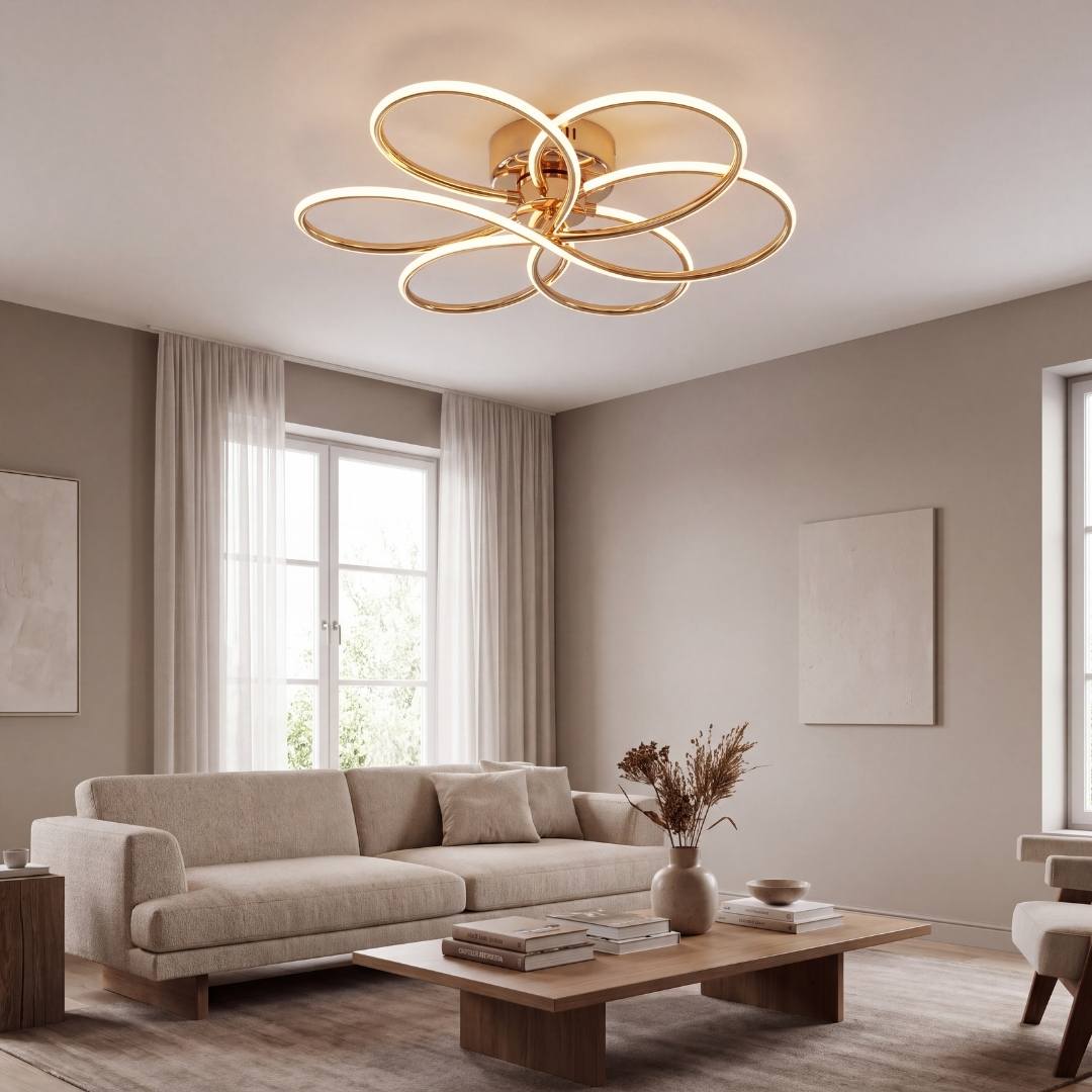 Lámpara decorativa de techo dorada en una sala amplia con luz natural