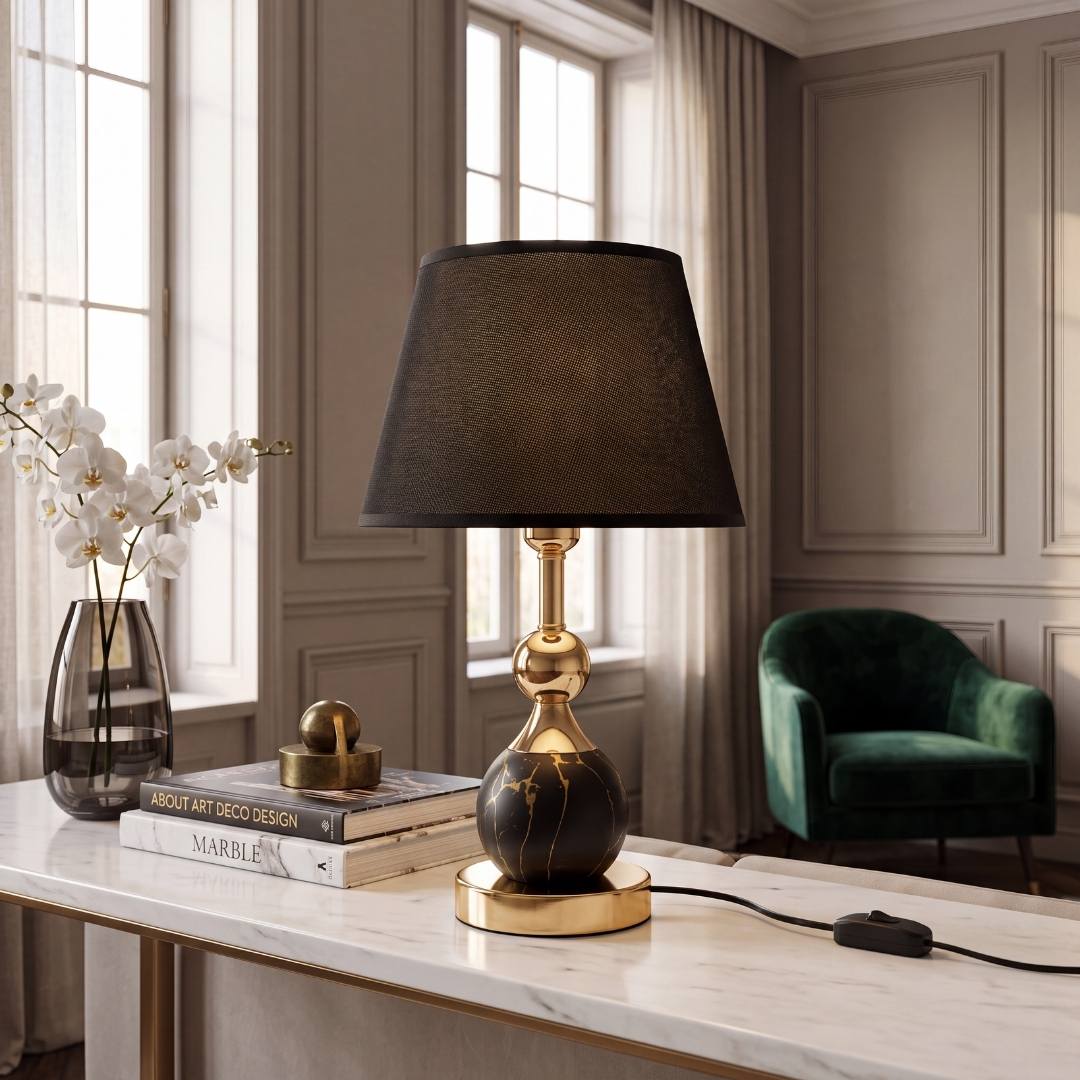 Lámpara decorativa VENUS BLACK AND GOLD en consola blanca de ambiente sofisticado